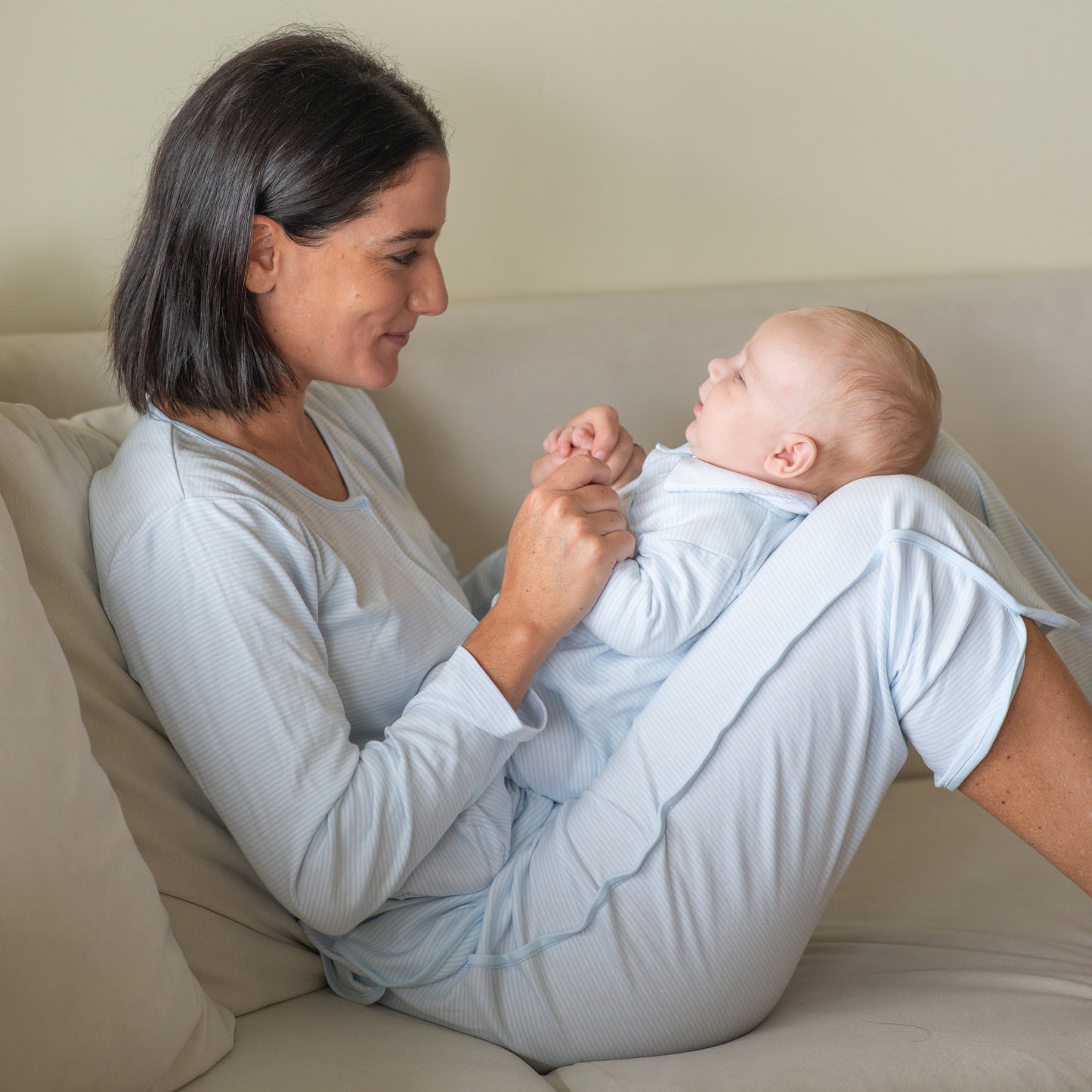 Mom and me Nursing PJ and Footie Pima Gift Set Light blue stripes