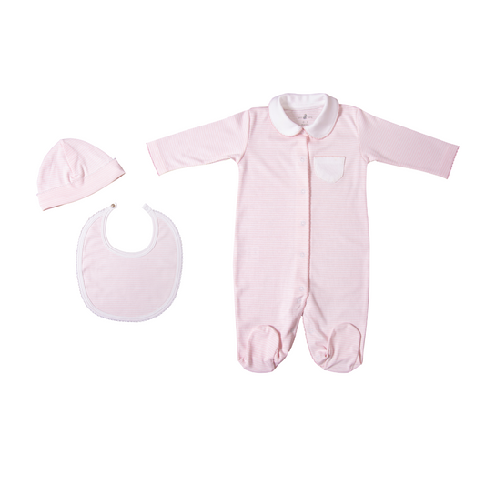 Newborn gift set pink stripes (footie + hat +bib)