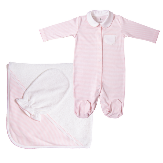 Towel and footie gift set pink stripes