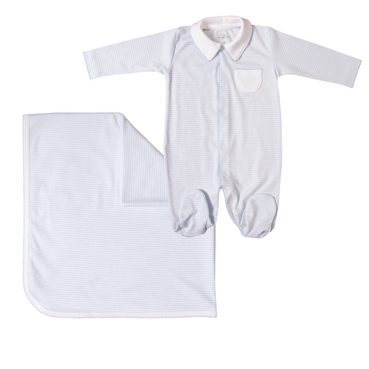 Sleep time gift set light blue stripes (reversible blanket + footie)